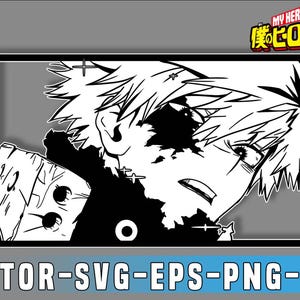 May include: Black and white vector illustration of a character from "My Hero Academia". The image features a detailed portrait with spiky hair and a determined expression. The image includes the text "VECTOR-SVG-EPS-PNG-JPG".