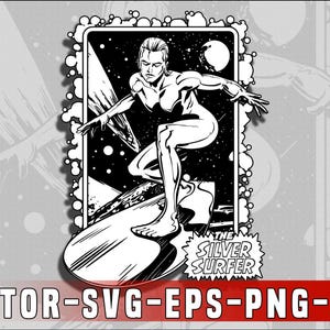 Puede incluir: Ilustración en blanco y negro de Silver Surfer, un personaje de cómic, surfeando sobre una tabla. La imagen está enmarcada con un borde blanco e incluye el texto "The Silver Surfer" y opciones de tipo de archivo.
