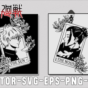 Puede incluir: Dos ilustraciones en blanco y negro de personajes de la serie de anime "Jujutsu Kaisen". La primera ilustración presenta a un personaje con el pelo corto y gafas que sostiene una tarjeta que dice "El Sol". La segunda ilustración presenta a un personaje con el pelo largo que sostiene una tarjeta que dice "La Luna". Ambas ilustraciones están rodeadas de flores rojas.