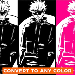 May include: A black and white illustration of a person with spiky hair wearing a jacket and a blindfold. The background is a solid color.