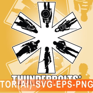 May include: Black and white silhouette illustration of seven figures in a starburst shape. The figures are all wearing different outfits and have different poses. The text "THUNDERBOLTS*" is at the bottom of the image. VECTOR(AI)-SVG-EPS-PNG-JPG