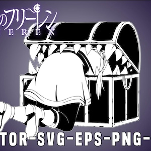 Puede incluir: Ilustración en blanco y negro de una persona atrapada dentro de un cofre del tesoro con el texto "葬送のフリーレン" (Sōsō no Furīren) sobre el cofre.