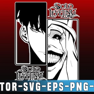 May include: Black and white illustration of two characters from the Solo Leveling manga. The character on the left has short black hair and a serious expression. The character on the right has a large, toothy grin and is wearing a hooded cloak. The text "Solo Leveling" is written in a stylized font above the characters.