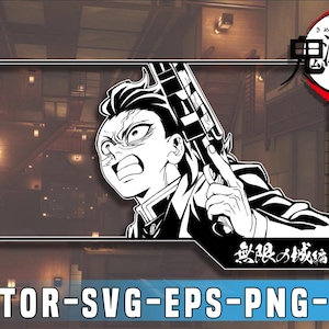 Puede incluir: Ilustración en blanco y negro de estilo anime de un personaje con una expresión intensa, sosteniendo un arma a cuadros. La imagen incluye texto japonés y las palabras "VECTOR-SVG-EPS-PNG-JPG" en la parte inferior.
