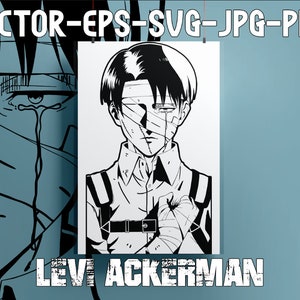 May include: Black and white illustration of a character from the anime Attack on Titan. The character is Levi Ackerman, with his signature short hair and a bandage over his left eye. The text "LEVI ACKERMAN" is at the bottom of the image.