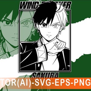 May include: Black and white anime-style illustration of a character with split black and white hair. The image features the text "WIND BREAKER" at the top and "SAKURA" at the bottom. The background is green with a duplicate image of the character.