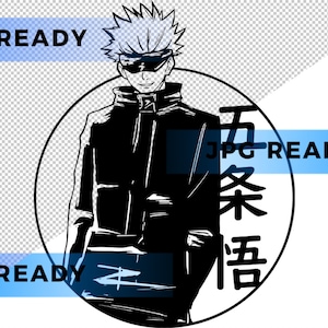 May include: Black and white illustration of a person with spiky hair wearing a jacket and sunglasses. The person is standing in front of a circle with Japanese text that reads "五条悟".