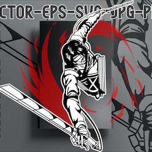 May include: Black and white illustration of a character from the anime Attack on Titan, Levi Ackerman, holding a sword and wearing a cloak. The background is red and grey.