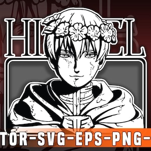 Puede incluir: Ilustración en blanco y negro de línea de arte de una persona con una corona de flores, que lleva una capa con capucha. El texto "HI" y "EL" está a cada lado de la cabeza de la persona.