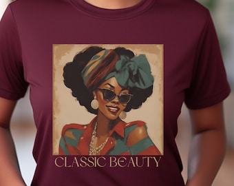 T-shirt femme noir vintage, t-shirt femme noir rétro, chemises pour femmes noires, style années 50, mode des années 60, t-shirt afro-américain, mélanine, classique
