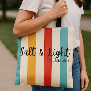 Salt & Light Tote Bag, Christian Bible Verse Tote Matthew 5:13-16, Faith-Based Striped Canvas Bag, Religious Gift for Women, Bible Study Bag