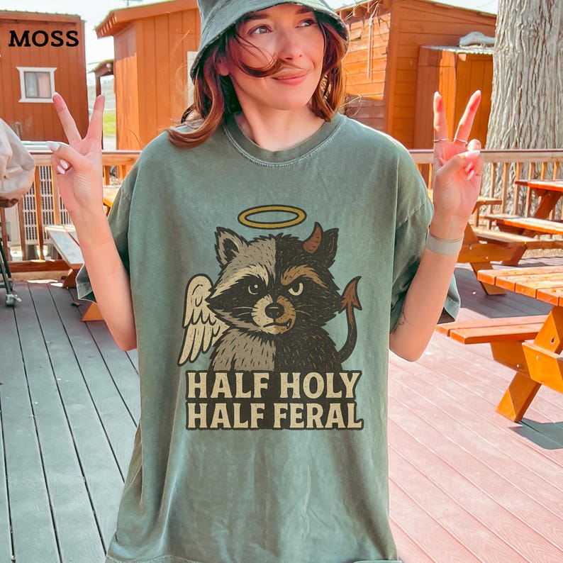 Half Holy Half Feral Comfort Colors Shirt, Funny Faith Based Raccoon ...