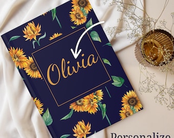 Sunflower Journal Personalized with Name, Custom Floral Notebook for Women, Hardcover Sunflower Diary Gift