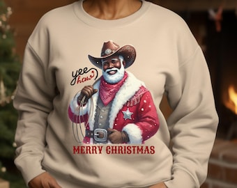 African American Cowboy Santa Sweatshirt, Black Santa western shirt, African American Cowboy Christmas, Black Santa Xmas sweatshirt