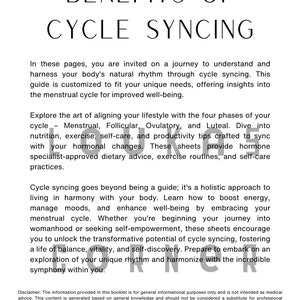 May include: A black and white text-based document with the title "Benefits of Cycle Syncing". The document provides information about understanding and harnessing your body's natural rhythm through cycle syncing. It also includes information about the four phases of the menstrual cycle: Menstrual, Follicular, Ovulatory, and Luteal.