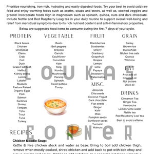May include: A colorful chart with the title "Food Ideas for Days 1-7 of Cycle". The chart lists food ideas for each day of the menstrual cycle, categorized by protein, vegetable, fruit, grain, fat, misc., and drinks. The chart also includes a recipe for Chicken Noodle Soup.