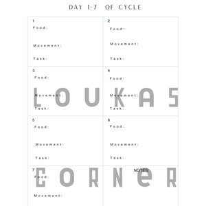 May include: A weekly planner with a gray background and black text. The planner is divided into seven days, with each day having sections for food, movement, and tasks. The word "LOOK" is written in gray letters on the third day, and the word "AS" is written in gray letters on the fourth day. The word "CORNER" is written in gray letters on the seventh day.