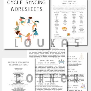 May include: A colorful illustration of women holding hands in a circle, with the text "Cycle Syncing Worksheets" at the top. The image is surrounded by a list of product and brand recommendations, self-care tips, and tasks to tackle during days 1-7 of a cycle.
