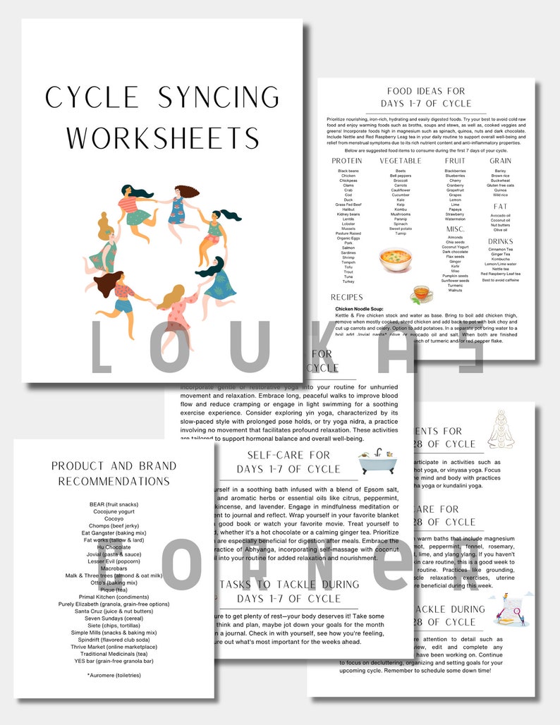 May include: A colorful illustration of women holding hands in a circle, with the text "Cycle Syncing Worksheets" at the top. The image is surrounded by a list of product and brand recommendations, self-care tips, and tasks to tackle during days 1-7 of a cycle.