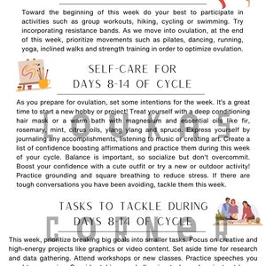 May include: A printable guide with tips for self-care and productivity during days 8-14 of a woman's cycle. The guide includes sections on movement, self-care, and tasks to tackle during this time.