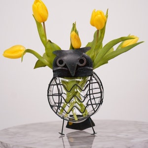 Blown Glass Owl Vase: MCM Metal Cage Vase, Plant or Candle Holder