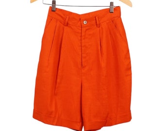 Linen high waist shorts sizes small, orange linen bermuda shorts,  vintage high waisted loose linen bermuda shorts, , gift for her.
