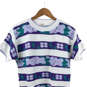 Vintage Cotton Knit Sweater: Floral Short Sleeve Top