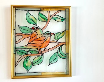 Stained Glass Mosaic Panel two birds in a Tree , framed stained glass art, wall hanging, Gift  Birdwatcher, gift for mom.