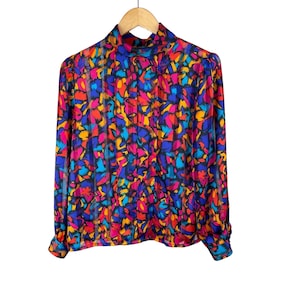 Vintage 90s Button-Down Blouse: Colorful Abstract Print, Size S