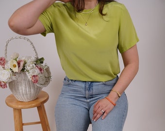 Silk top, woman silk short sleeve blouse,  silk shirt for spring and summer, 80s blouse for woman, spring clothing, gift for her.