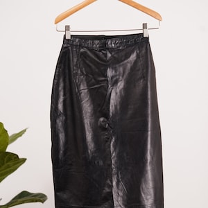 Vintage Black Leather Pencil Skirt: High Waist Midi, XS