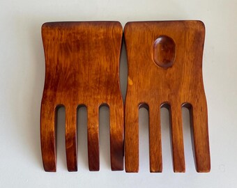 Vintage Wooden Salad Servers: Hand Carved Brown Spoons