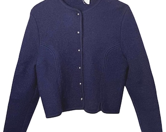 Navy Blue Wool Cropped Jacket: Vintage Wool Button Up Jacket
