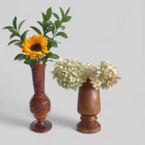 Hand Carved Teak Wooden Vase: Rustic Dry Flower Vase