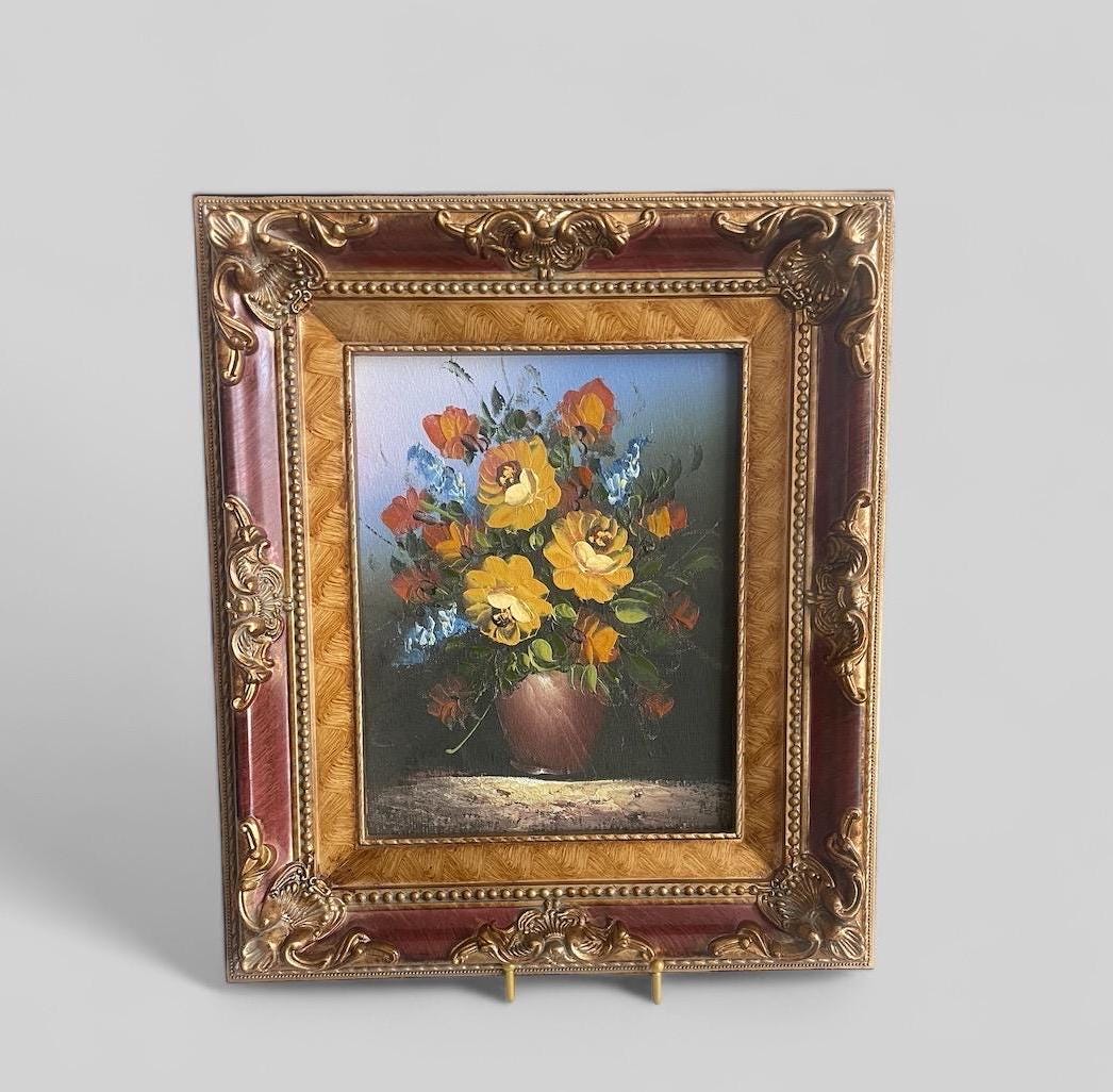 Vintage Floral Oil Painting on Canvas: Framed Still Life Art (15x12 inch)