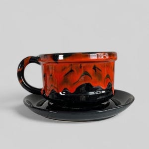 Vintage Ceramic Soup Mug: Black and Red Lava Glaze, 1980s Stoneware
