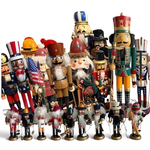 May include: A collection of numerous wooden nutcracker figurines in various sizes and designs, including figures wearing military-style uniforms, hats, and festive attire, with some holding miniature American flags and other accessories.
