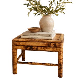 May include: A square bamboo side table with a mottled brown finish. On top sit two stacked books titled Island Hopping and Pacific Natural At Home, a small brown wooden bowl, and a beige ceramic vase containing green olive branches.