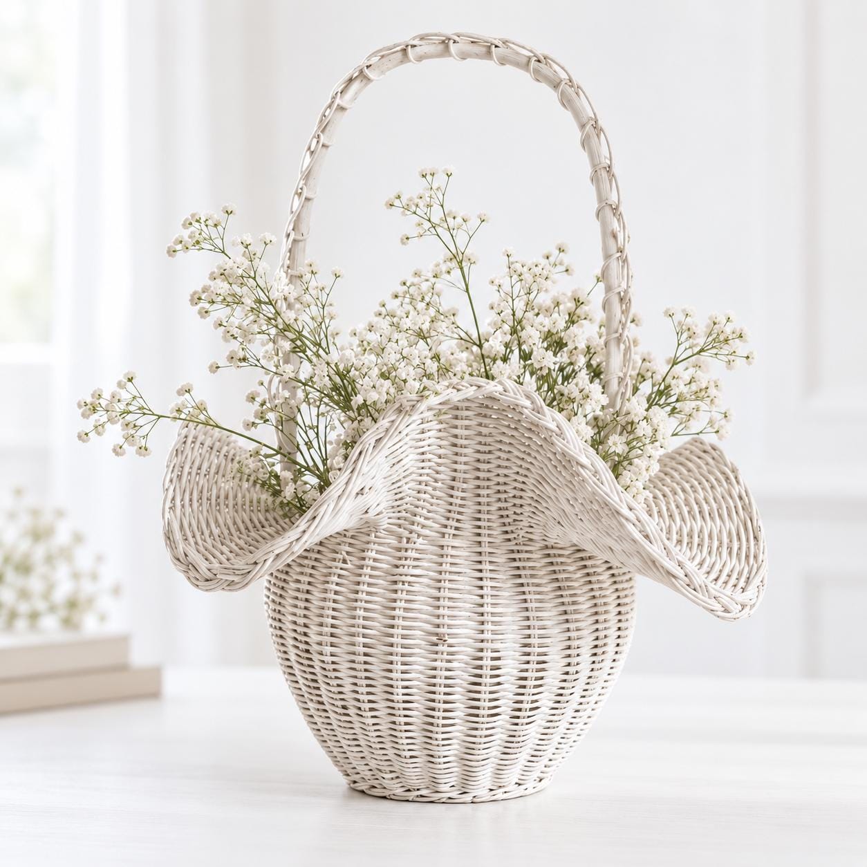 Vintage Wicker Wavy Basket, White Wavy Handle Holder, Hand Woven Decor