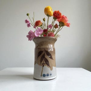 Vintage Handmade Stoneware Vase: Grey Brown Pottery Planter, Botanical Design