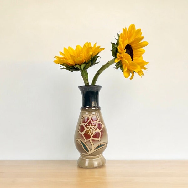 Vintage Ceramic vase, vintage pottery vase,  beige and brown  vase, stoneware  ceramic flower vase, gift for mom.