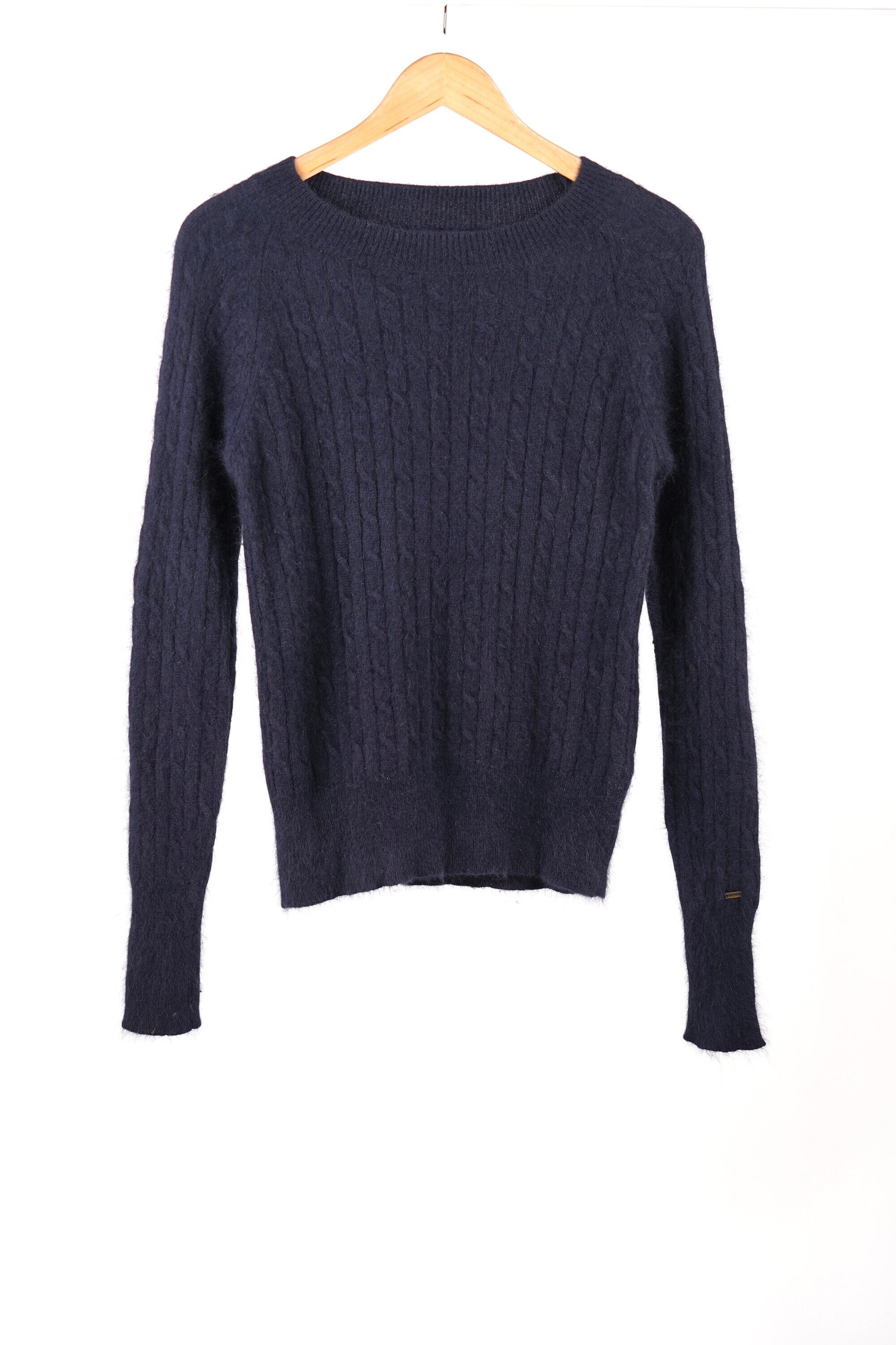 Cable Knit Rabbit Fur Sweater Blended With Wool, Dark Blue
