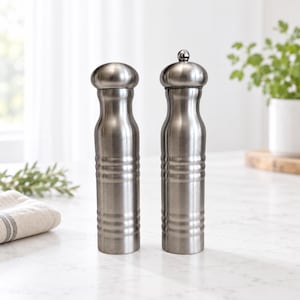 May include: Two brushed stainless steel salt and pepper grinders with a cylindrical body, horizontal grooved detailing, and a rounded top. The right grinder features a small spherical knob at the peak, while the left grinder has a smooth dome.