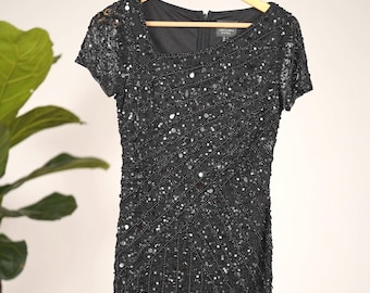 Vintage Adrianna Papell Sequin Cocktail Dress - Black Party Dress