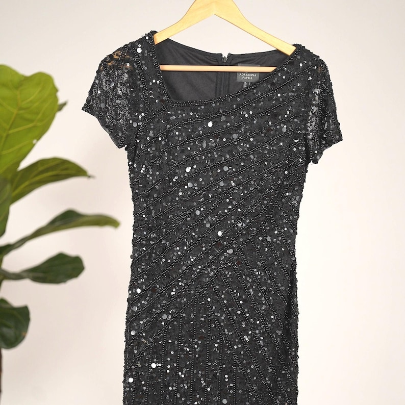 Vintage Adrianna Papell Sequin Cocktail Dress - Black Party Dress zdjęcie 1