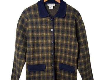 Vintage Plaid Wool Cropped Jacket: Oversized Collared Coat
