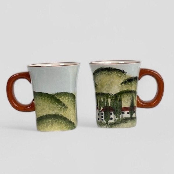 Set Hand painted terra Toscana coffee mugs set of two, landscape painting mug, coffee bar, coffee lover,  gift for fiend.