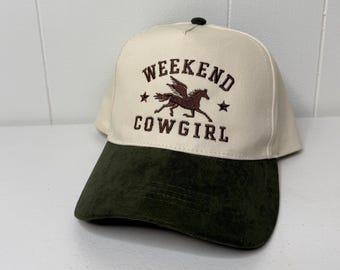 Weekend Cowgirl Trucker Hat | Western Embroidered Hat for Women | Olive Green Suede Brim | Fall Cowgirl Hat | Vintage Rodeo Cap | Funny Hat