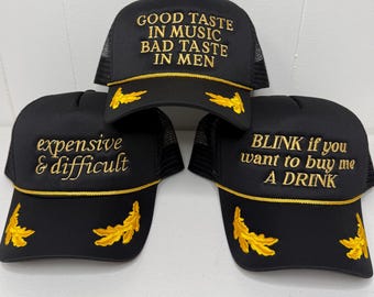Funny Trucker Hat for Women | Embroidered Foam Hat | Good Taste in Music Bad Taste in Men | Girls Trip Hat | Retro Black Trucker Hat