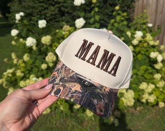MAMA Camo Trucker Hat | Mom Hat | Motherhood Hat | Puff Embroidery Hat | Neutral Camo Cap for Women | Stylish Mom Hat | Adjustable Snapback